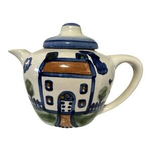 VTG M A Hadley House Teapot Stoneware Hand Painted Farmhouse Signed W/Lid USA